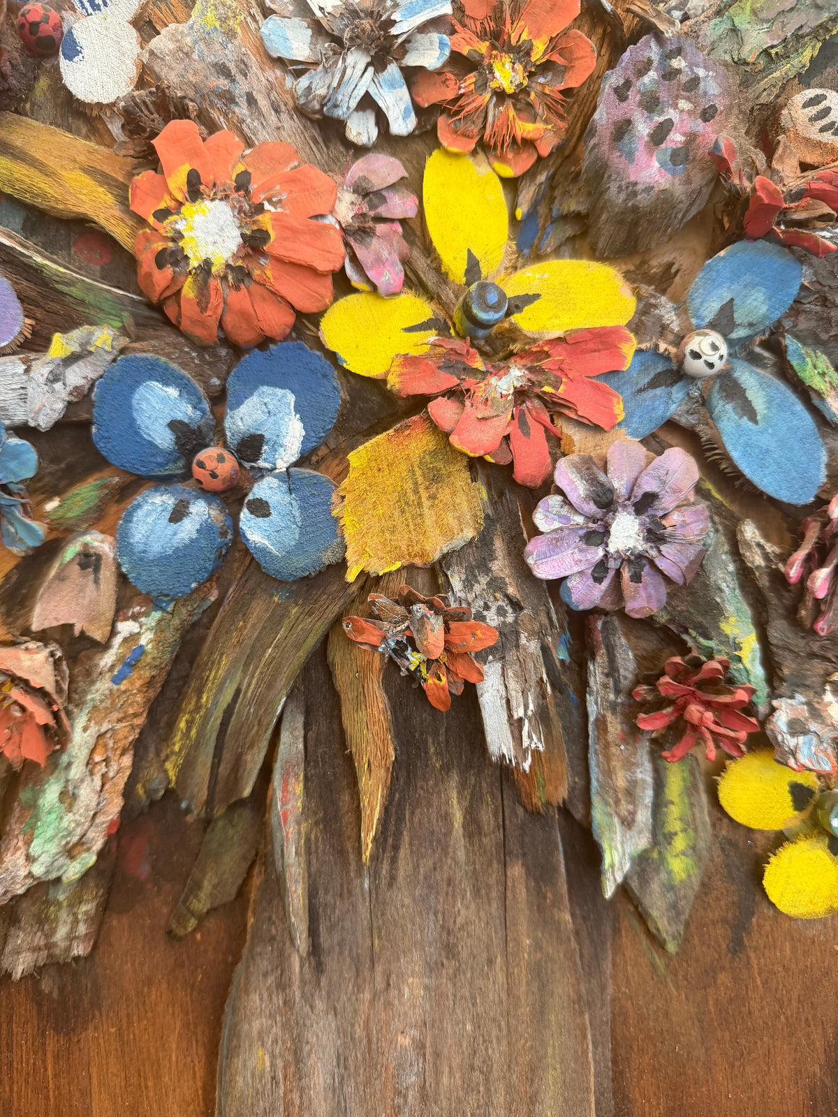 Vintage 3-dimensional Floral Still life on Wood w/Carved Flowers