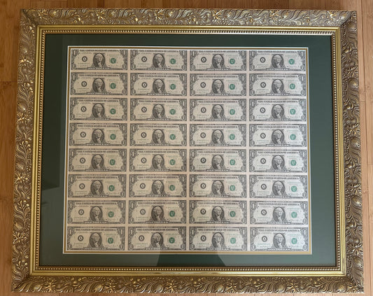 Framed sheet of Uncut Dollar Bills