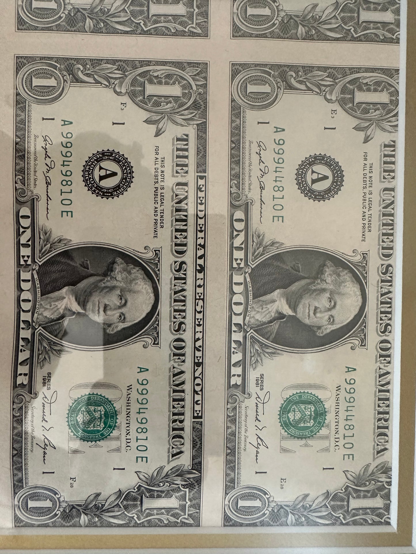 Framed sheet of Uncut Dollar Bills