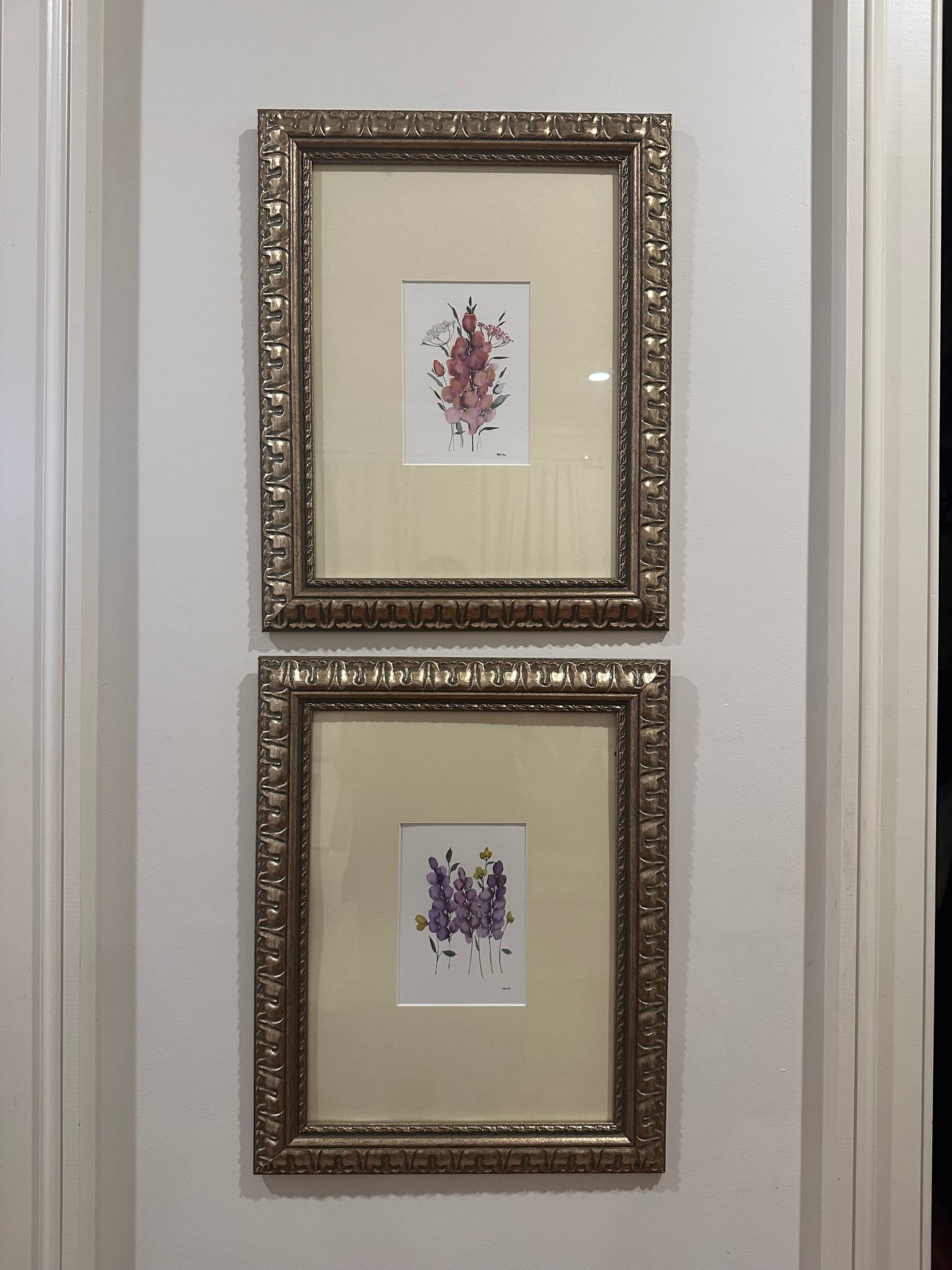 Set of Two Original Water Color Botanical Illustrations of Snapdragons and Lilacs by Anna Rose