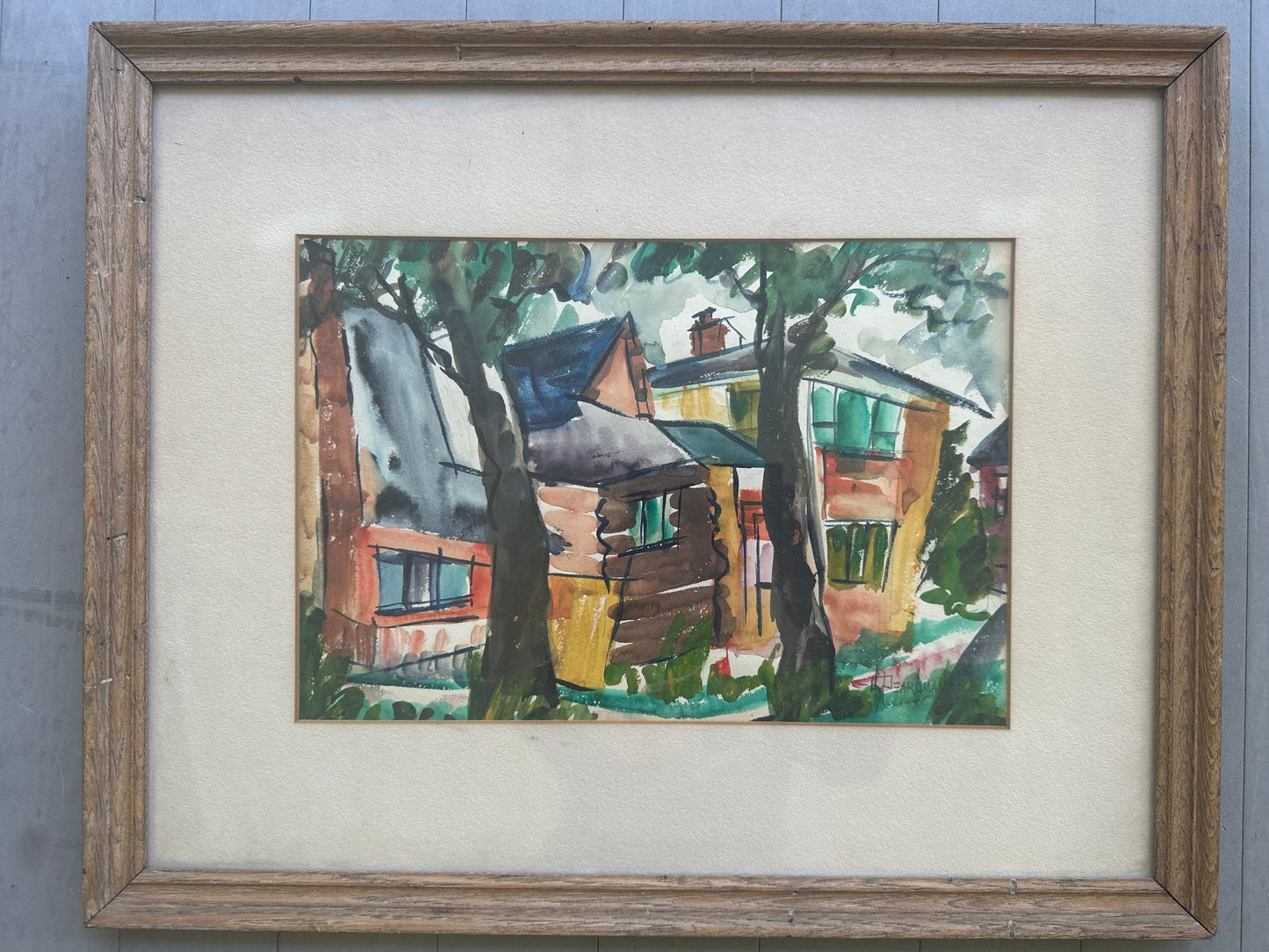 Mid Century American Mixed Media Painting of Buildings by J. Perlman