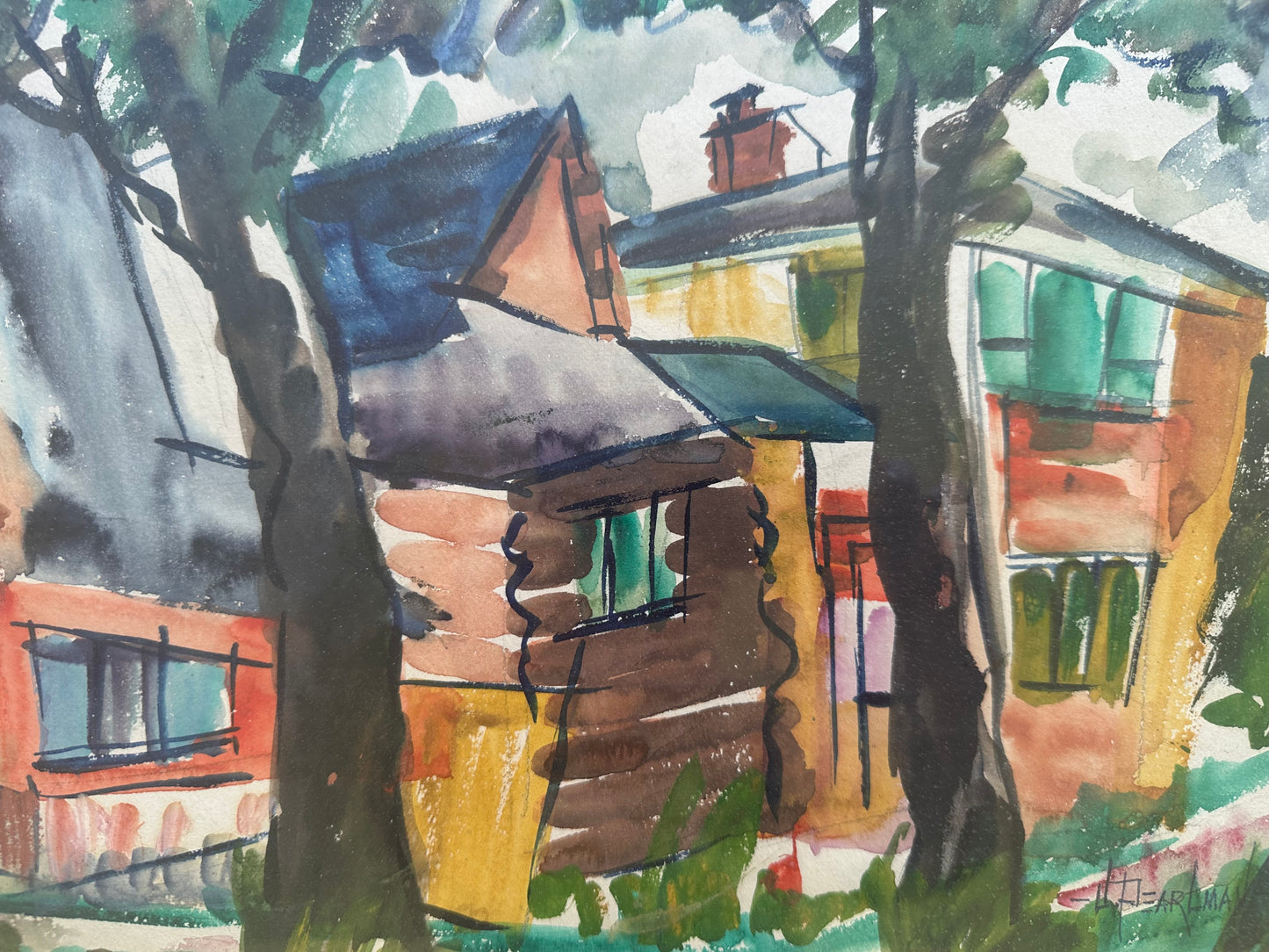 Mid Century American Mixed Media Painting of Buildings by J. Perlman