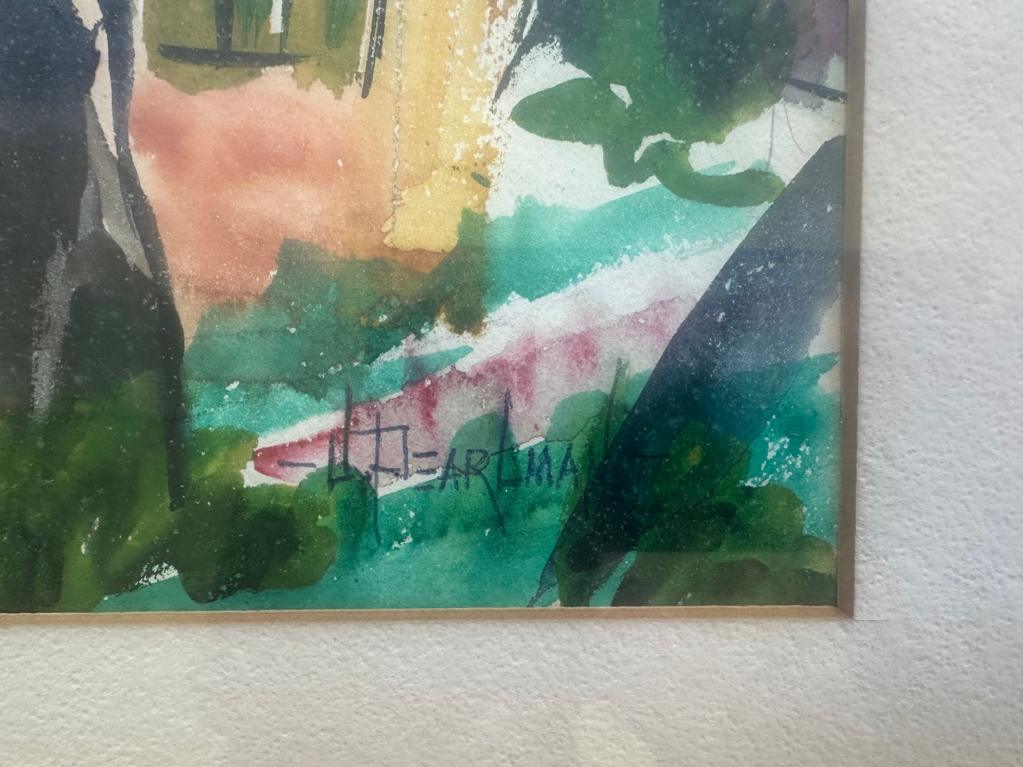 Mid Century American Mixed Media Painting of Buildings by J. Perlman