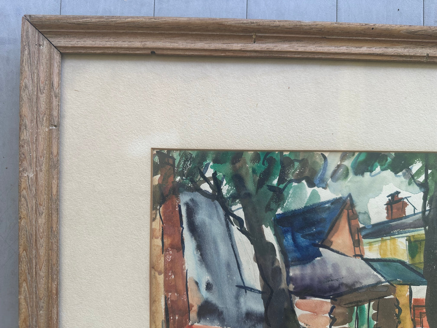 Mid Century American Mixed Media Painting of Buildings by J. Perlman