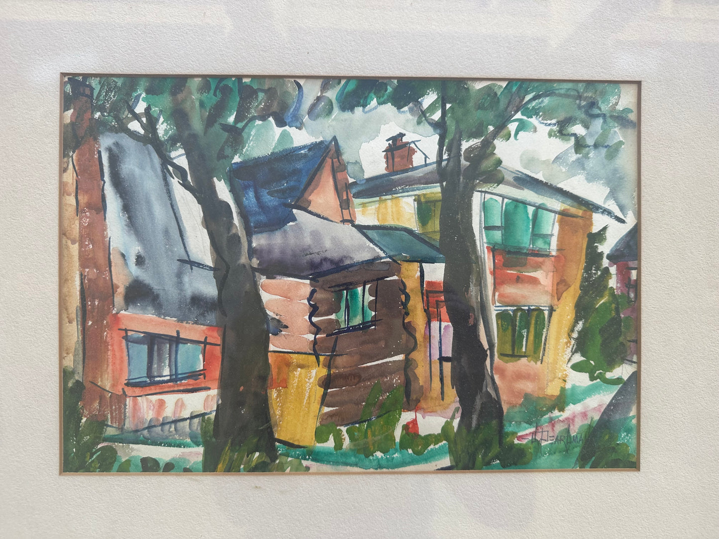 Mid Century American Mixed Media Painting of Buildings by J. Perlman