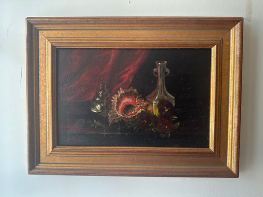 Still Life Oil on Board of Seashells, Pansies, and Crystal