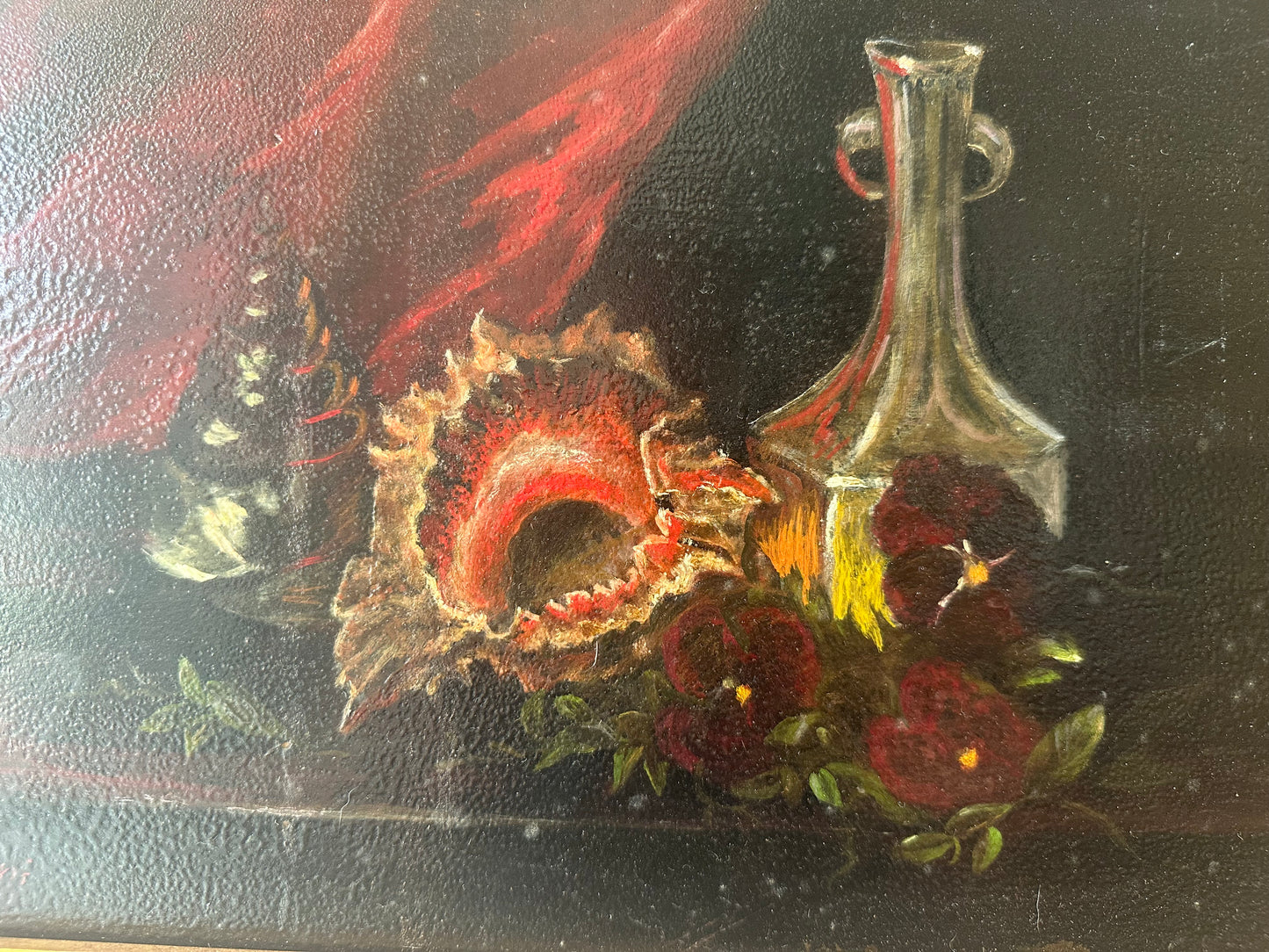 Still Life Oil on Board of Seashells, Pansies, and Crystal