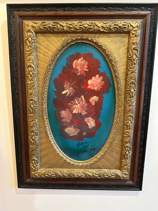 Vibrant Original Oil on Panel Red Floral in Stunning Antique Frame