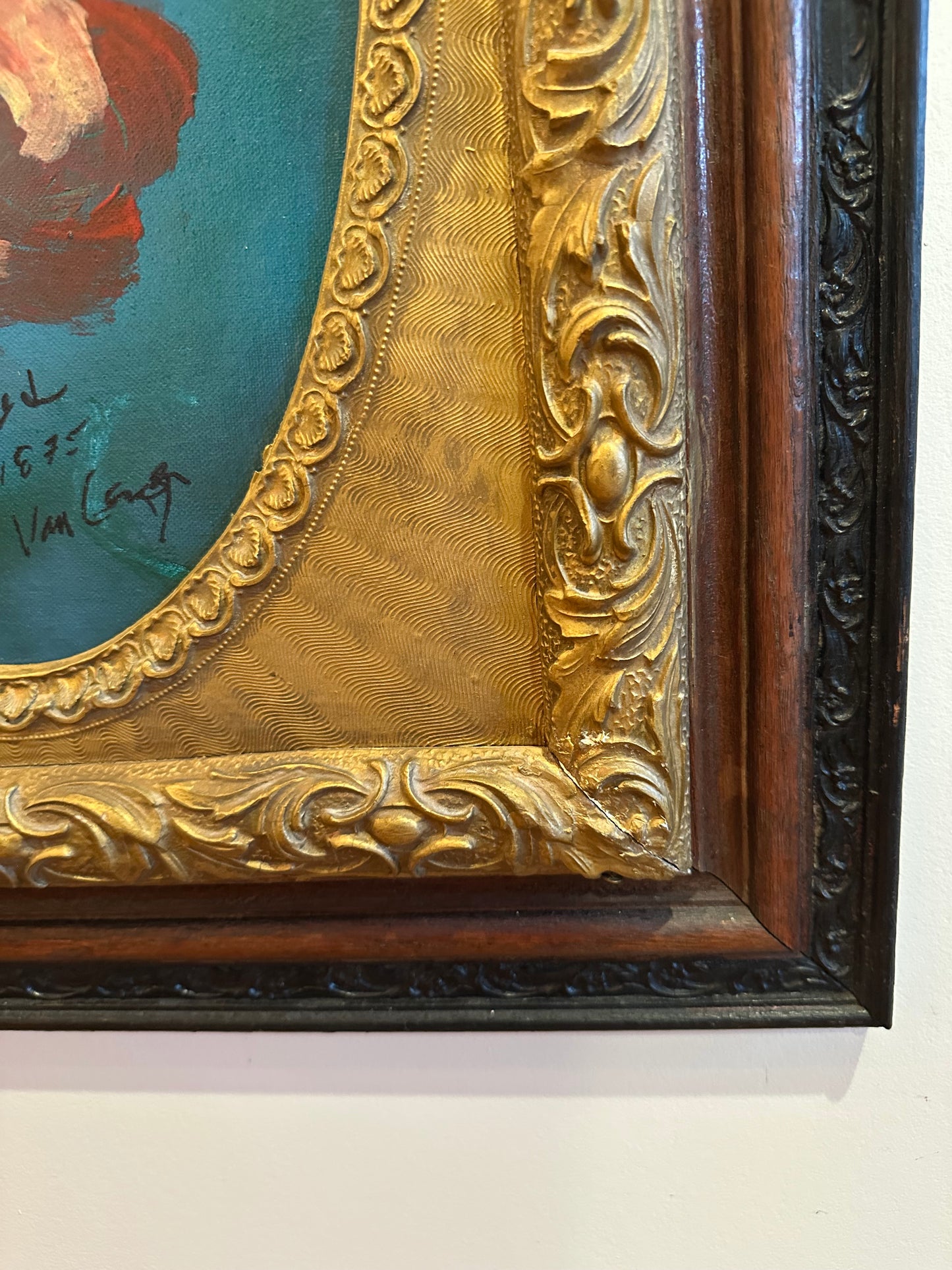 Vibrant Original Oil on Panel Red Floral in Stunning Antique Frame