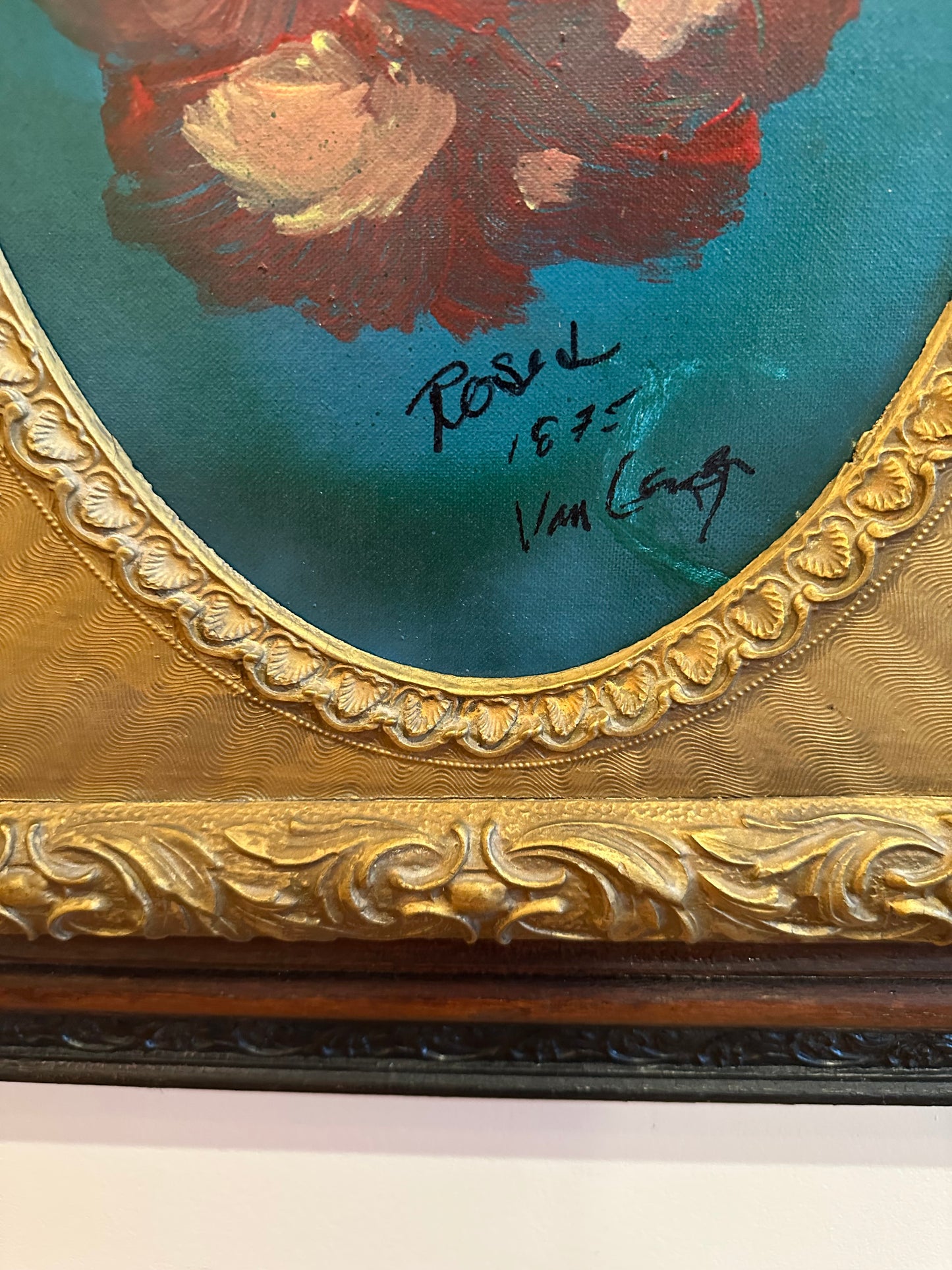 Vibrant Original Oil on Panel Red Floral in Stunning Antique Frame