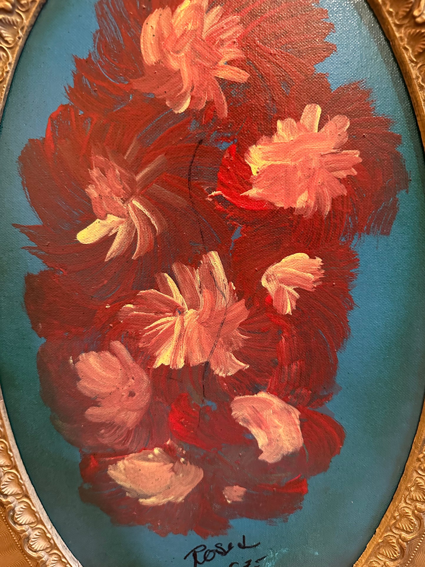 Vibrant Original Oil on Panel Red Floral in Stunning Antique Frame