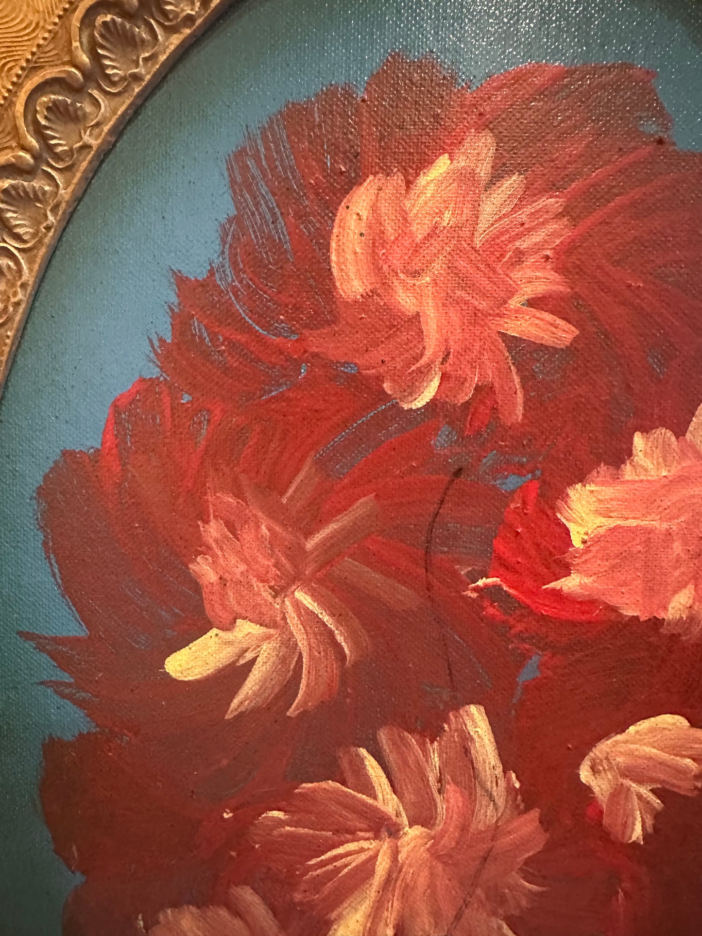 Vibrant Original Oil on Panel Red Floral in Stunning Antique Frame