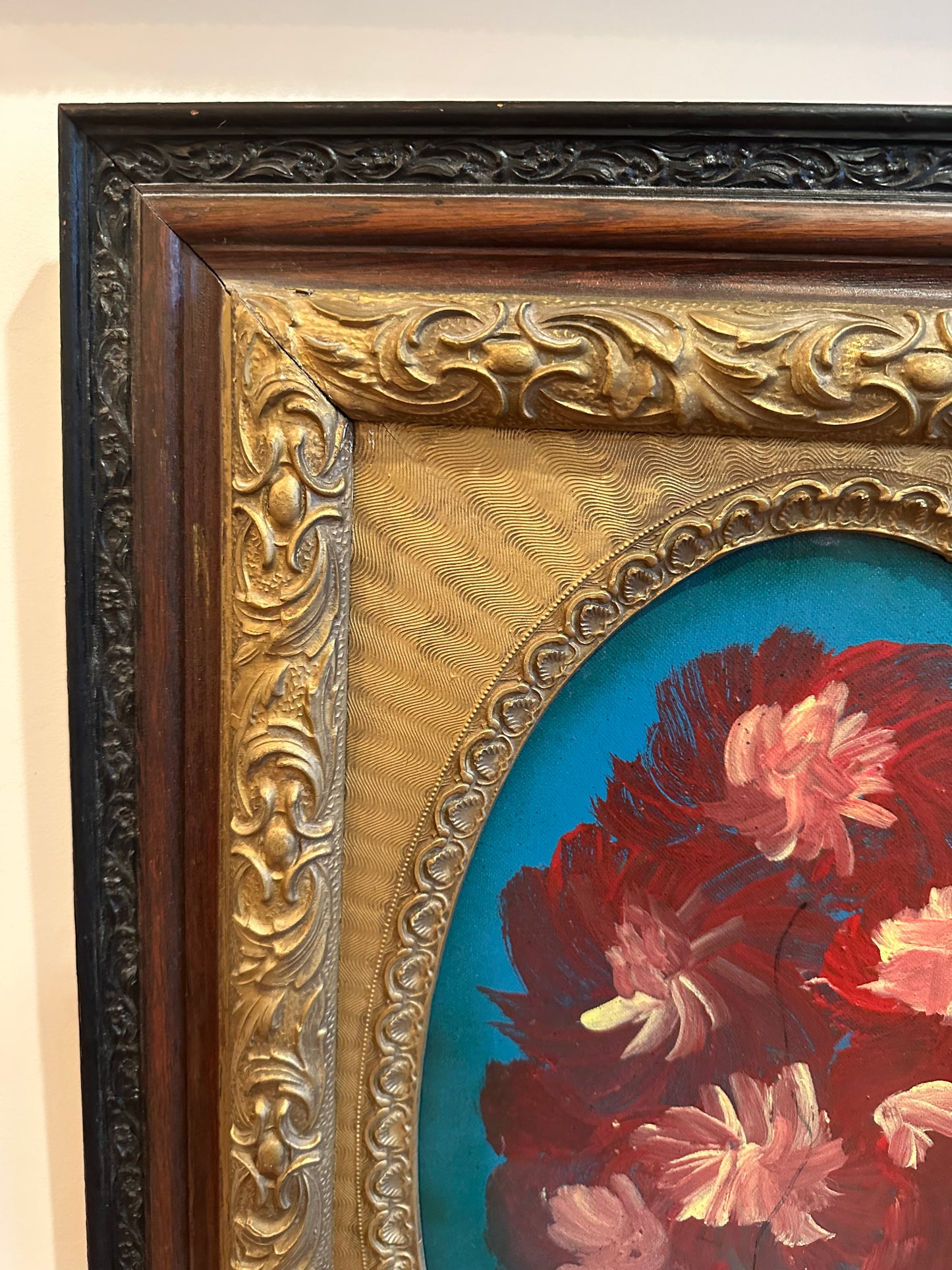 Vibrant Original Oil on Panel Red Floral in Stunning Antique Frame