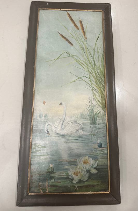 Elegant Antique Painting of Swans by Myra Kennedy, dated 1894