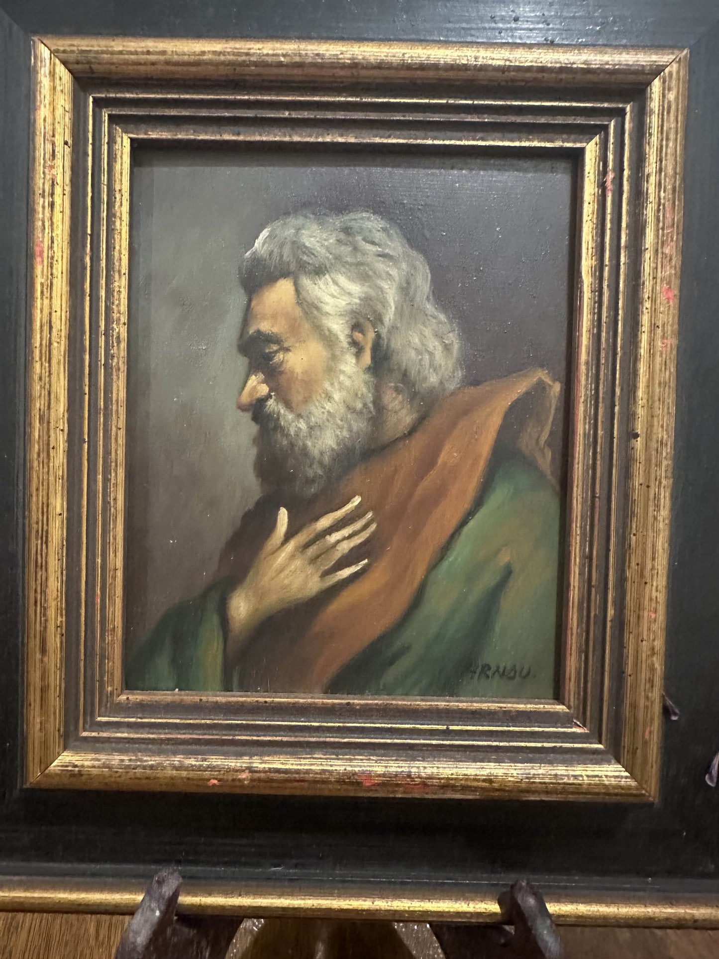 Set of 3 antique oil on board portraits of elderly men by Arnau