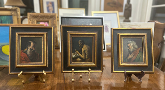 Set of 3 antique oil on board portraits of elderly men by Arnau